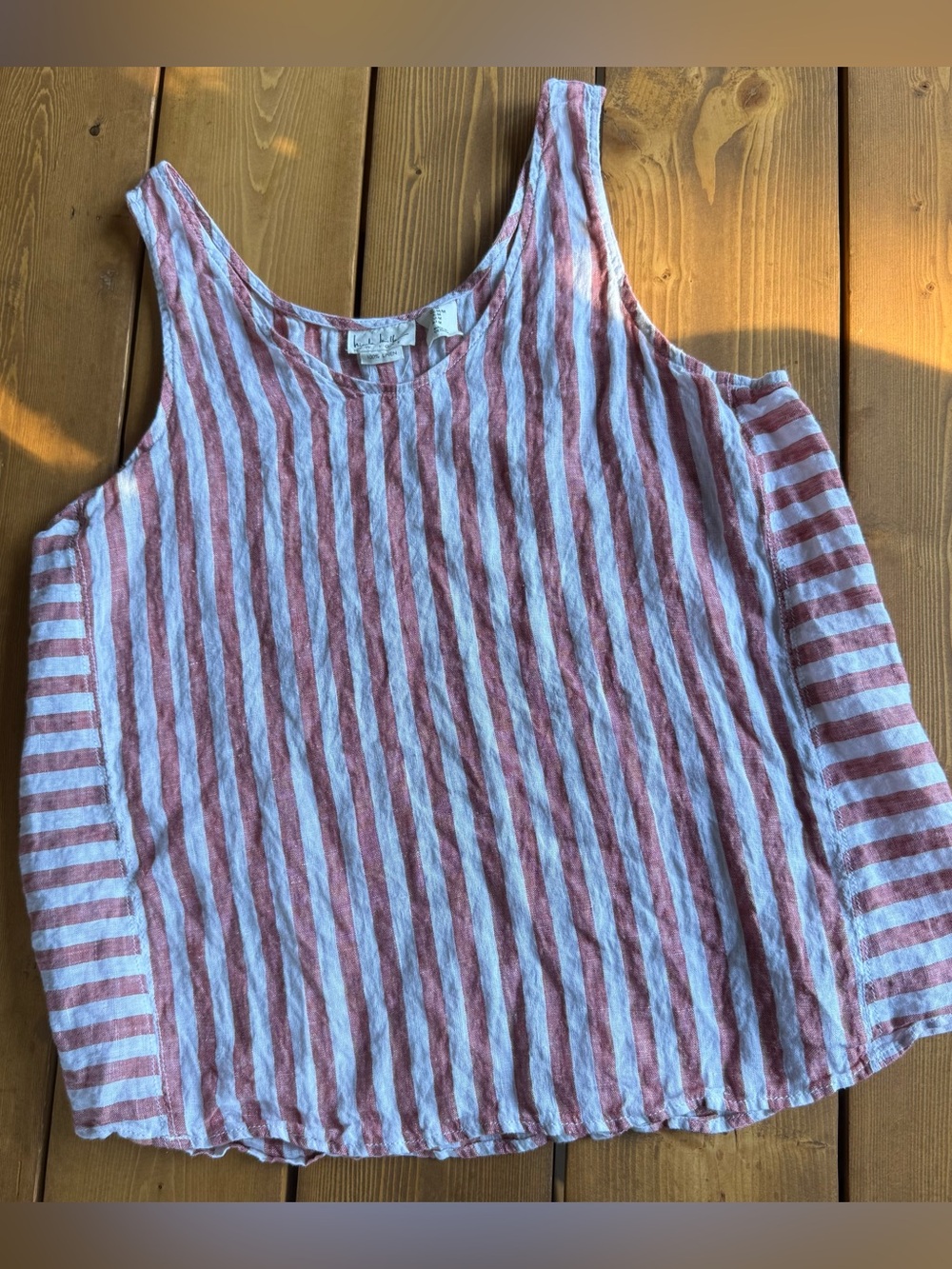 Nicole Miller 100% Linen Striped Top M Pink White Coastal
